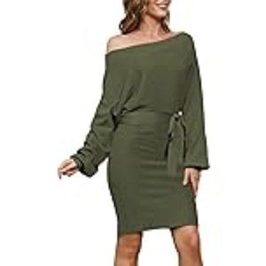 Women's Off Shoulder Sweater Dress Ribbed Tie Waist Short Bodycon Dress Green